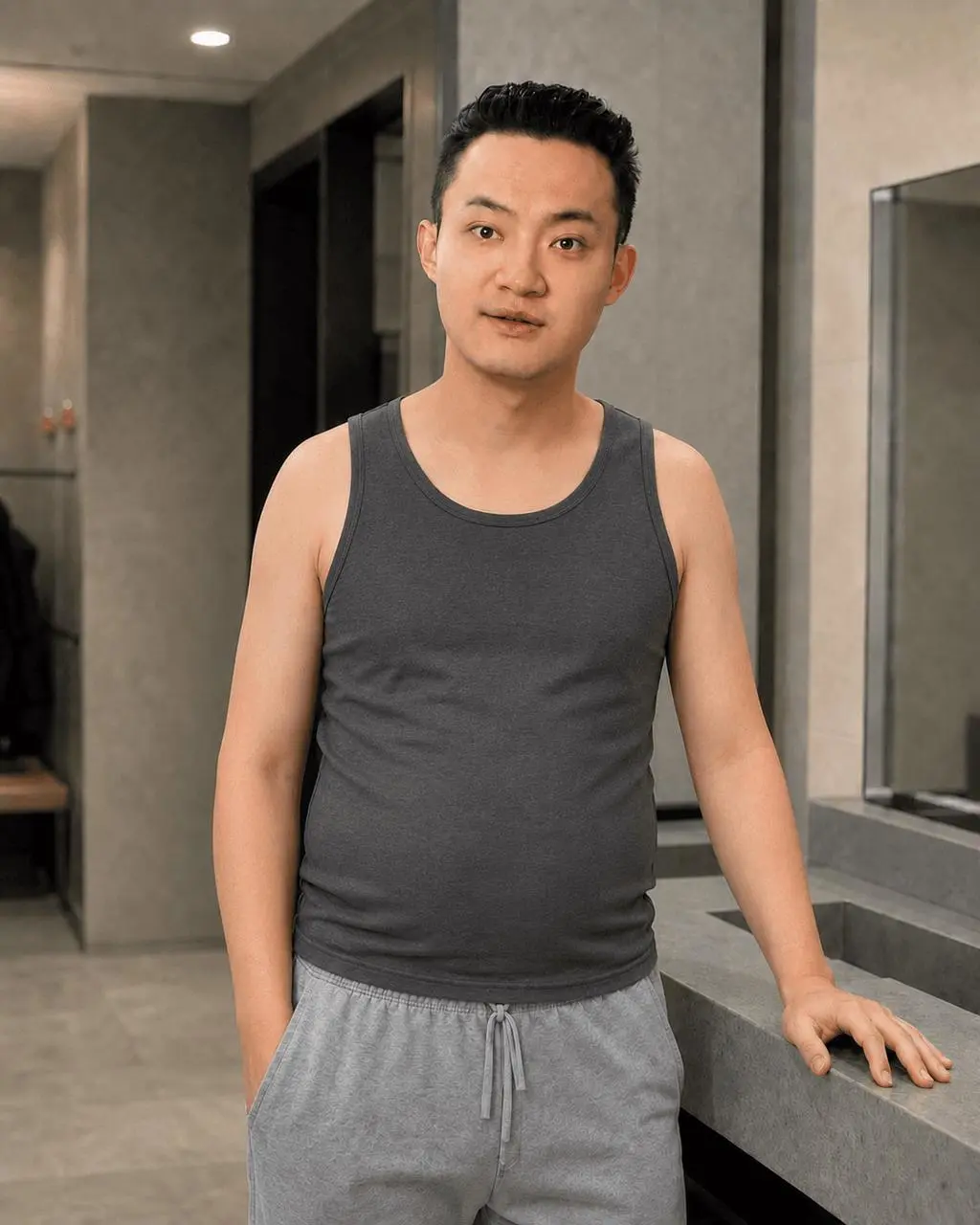 AI-generated Sun Yuchen parody with narrow shoulders, slim arms, and a soft waist