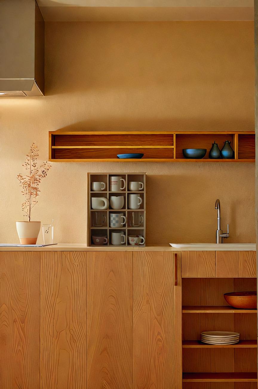 A Beautifully Organized Kitchen Features Wooden Cabinets Open Shelves With Ceramic Bowls And A Neatly Arranged Mug Display