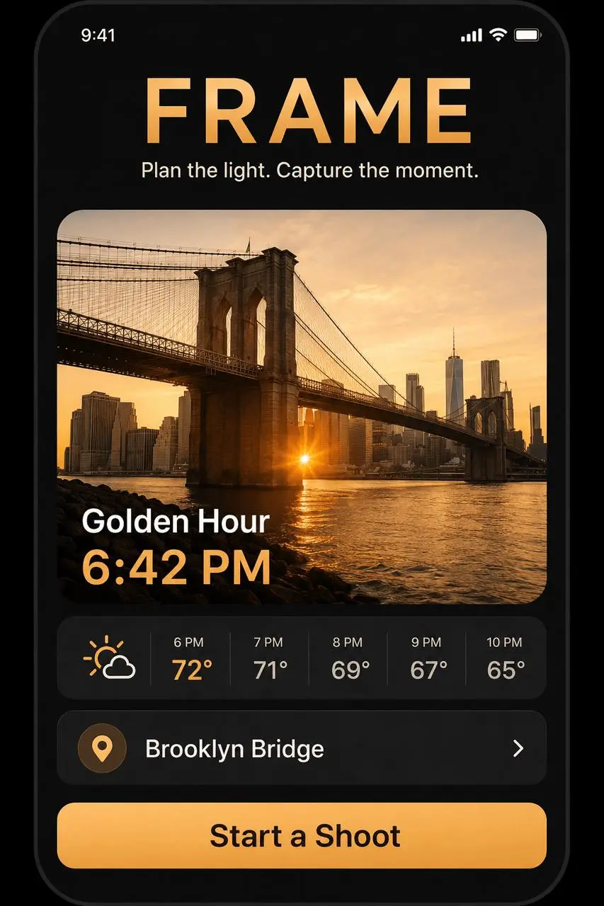 Dark mobile shoot-planning app interface with golden-hour information