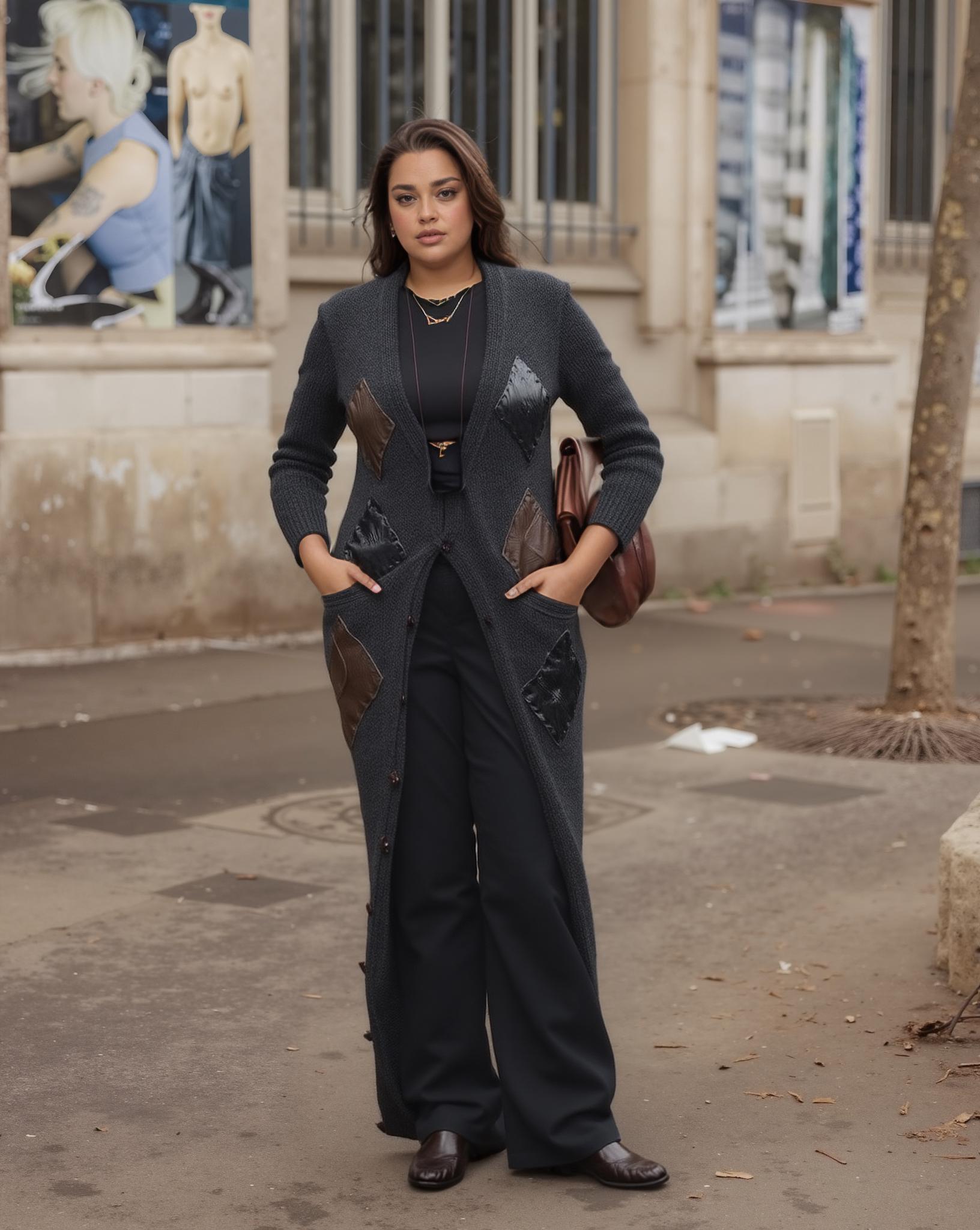 A Woman Poses Confidently On A City Sidewalk Showcasing Her Unique Sense Of Style With A Chic Long Cardigan And Wide-Leg Trousers