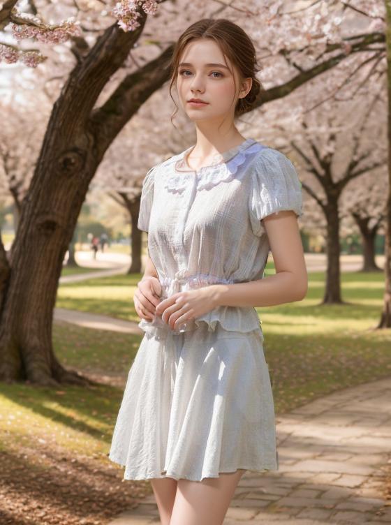 A Woman Enjoys A Serene Walk Through A Park Lined With Blossoming Cherry Trees