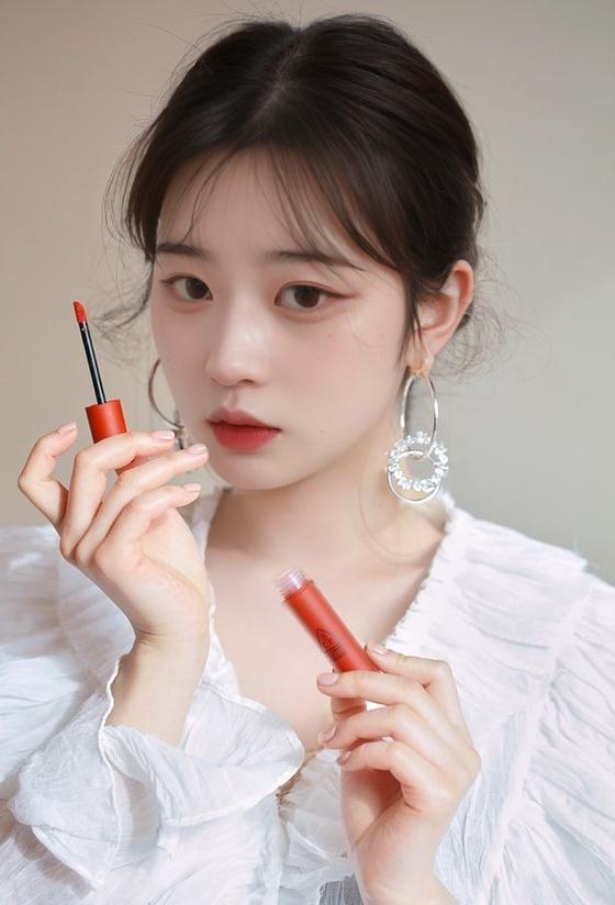 A Woman In A White Blouse Holds Up A Tube Of Red Lipstick In A Well-Lit Indoor Setting