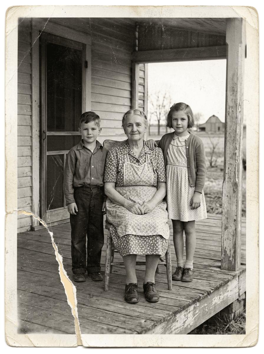 Synthetic damaged black-and-white 1948 family photograph used for a Nano Banana 2.1 restoration test