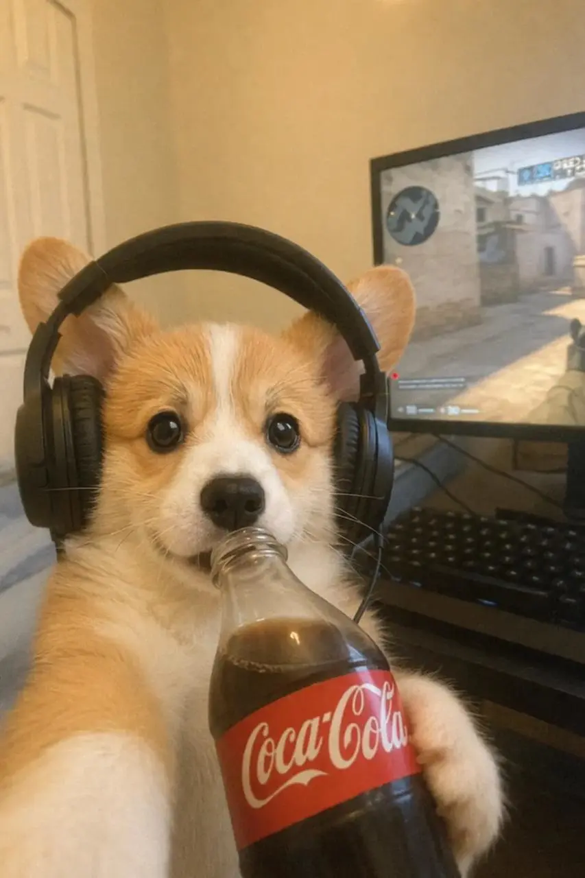 The puppy drinks a beverage