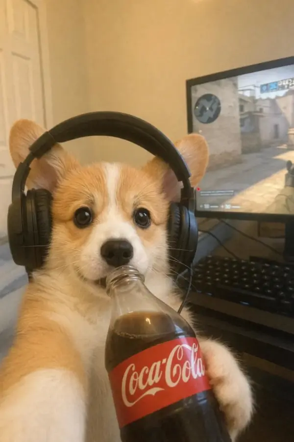 The puppy drinks a beverage