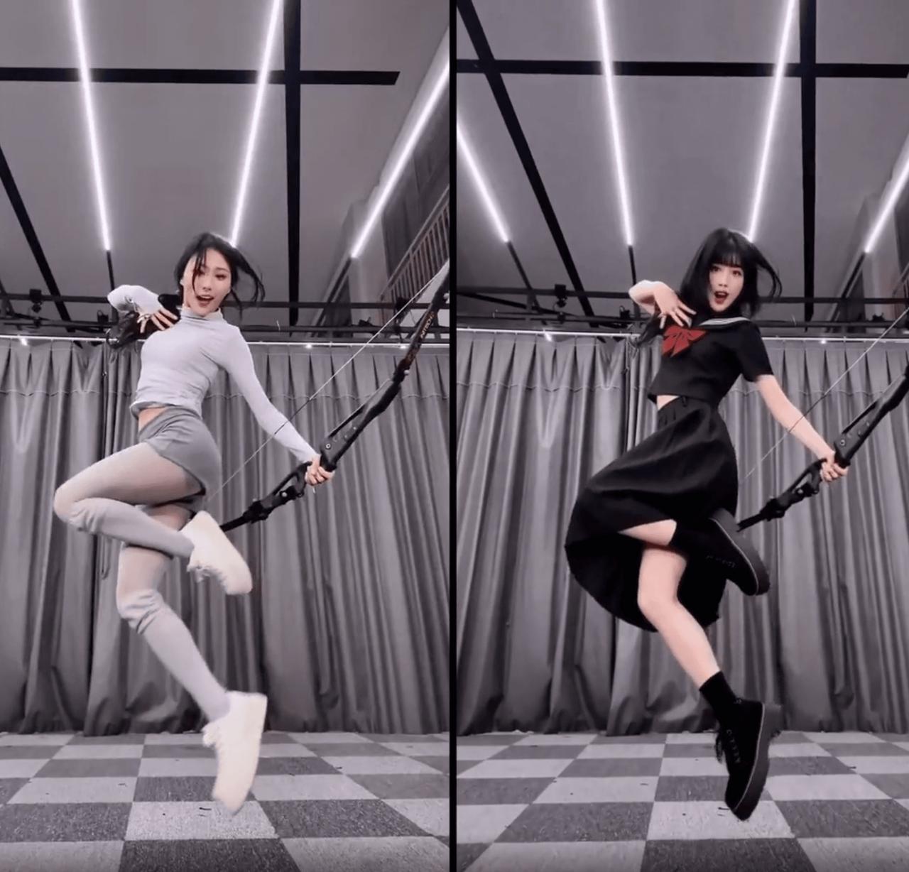 Side-by-side MiniMax H3 video-to-video character swap showing an archer transformed from a gray dance outfit into a black sailor-style dress while preserving the original pose and studio background.