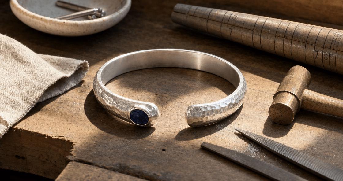 Hammered silver open cuff bracelet with a dark cat-eye stone on one terminal