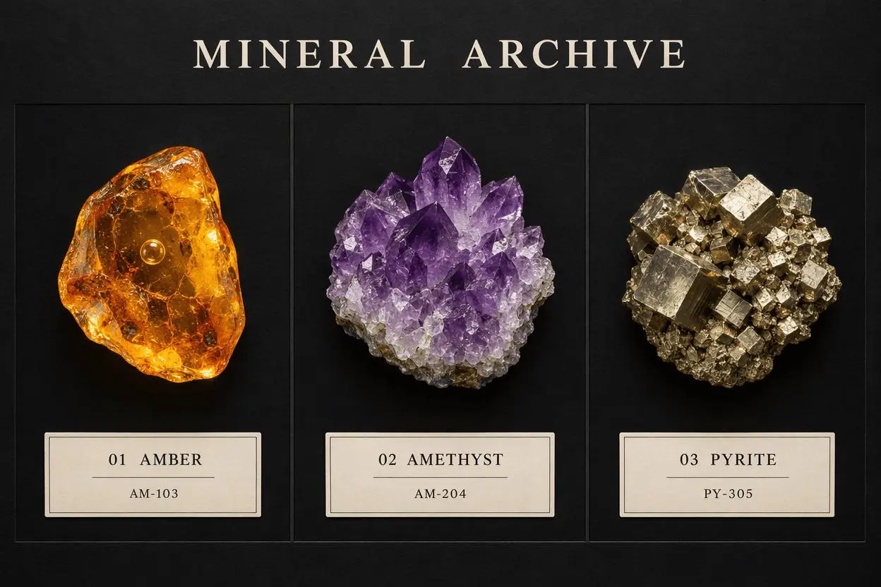 Flare specimen board with amber, amethyst and pyrite and three correct catalogue labels