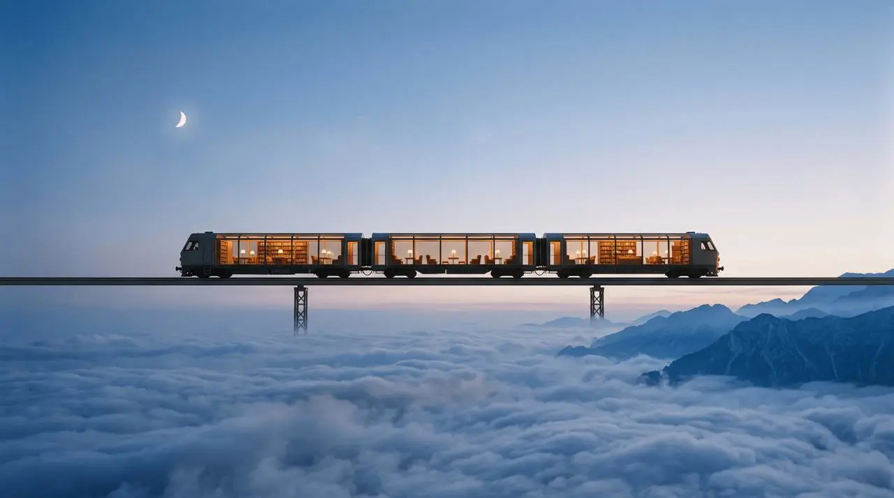 Nano Banana 2.1 test showing a glass library train above clouds with a crescent moon and blue mountains
