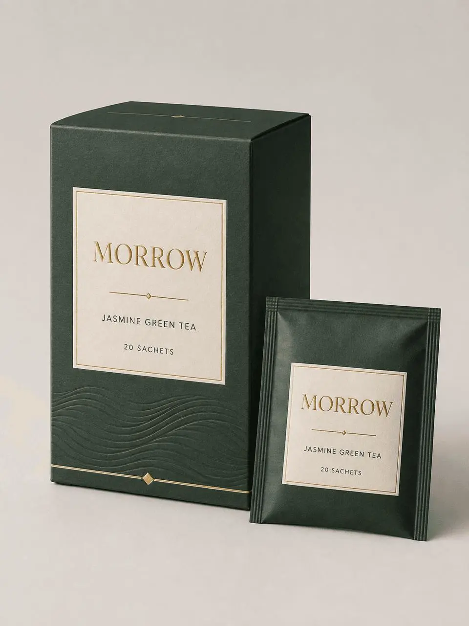 Premium jasmine green tea packaging concept with box and sachet