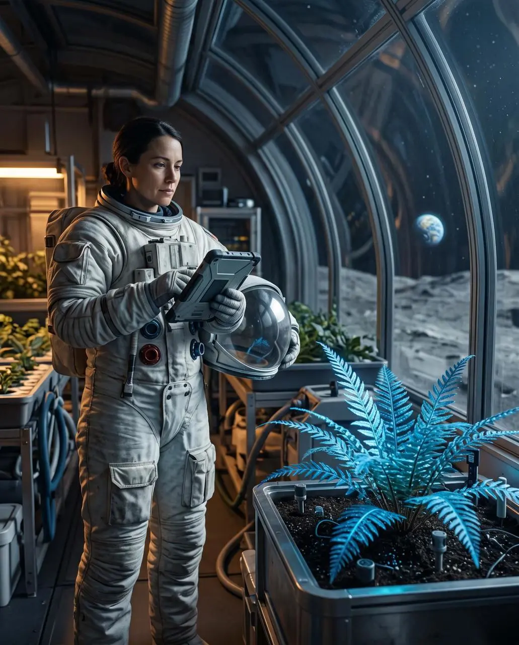 WeShop result: A Woman In A Spacesuit Is Tending To Plants Inside…