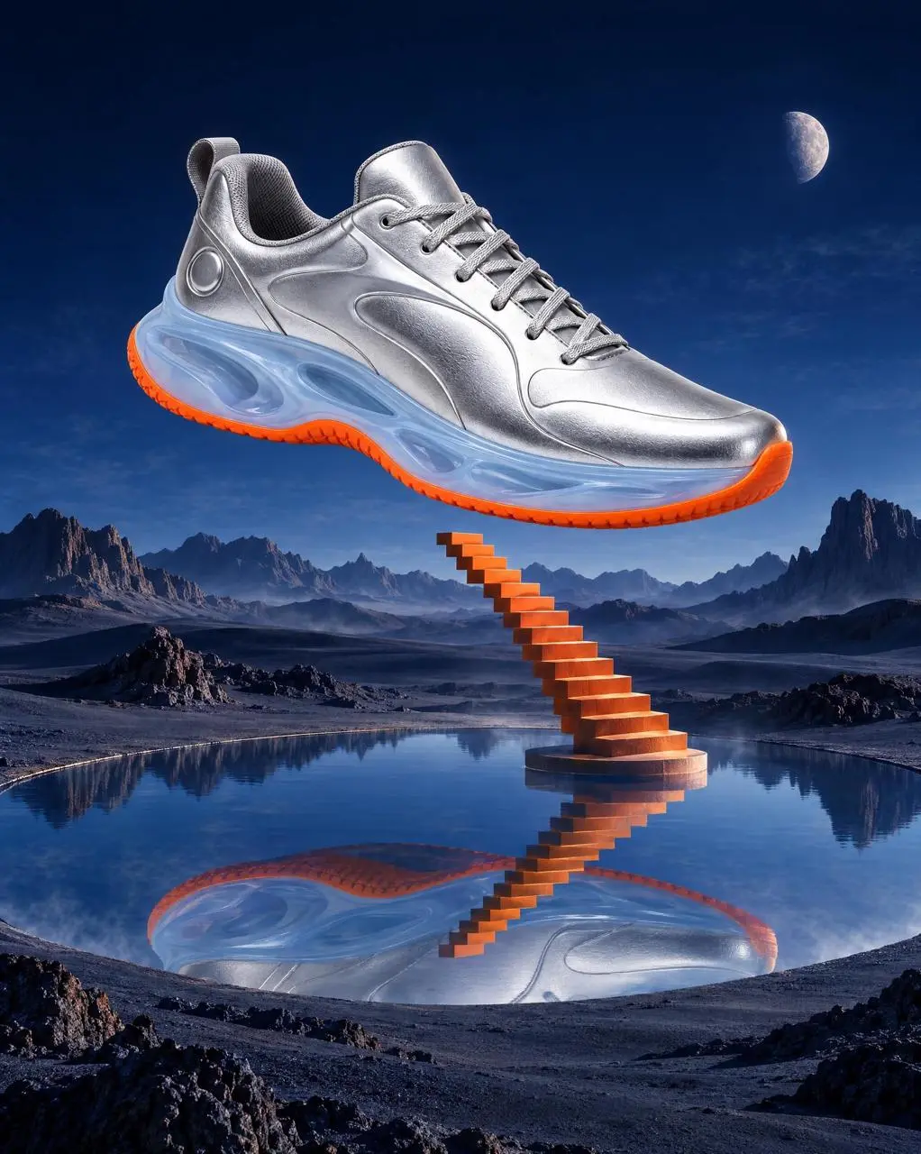 WeShop result: A Futuristic Silver Sneaker With Orange Accents Is Showcased Hovering…