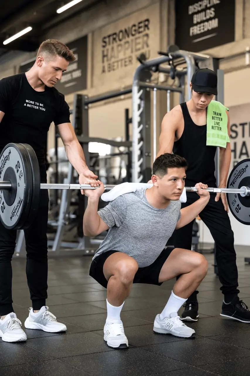 A client performs a squat between two spotters in a gym.