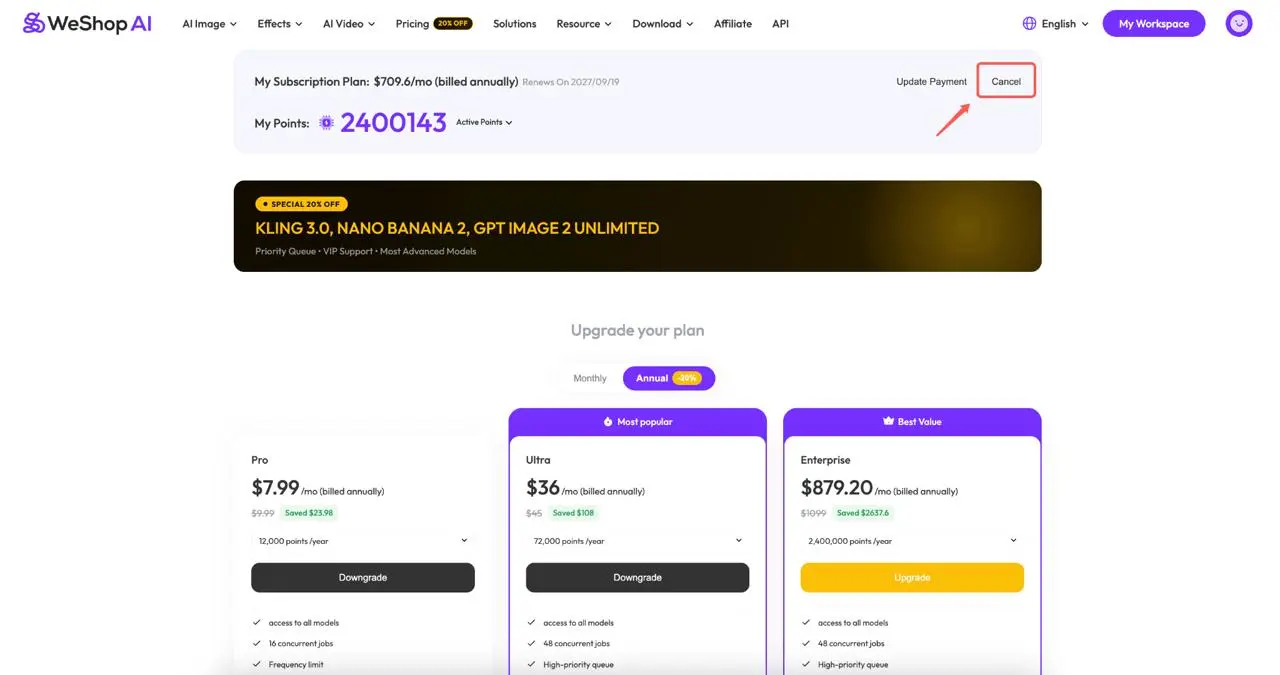 Select Cancel under My Subscription Plan