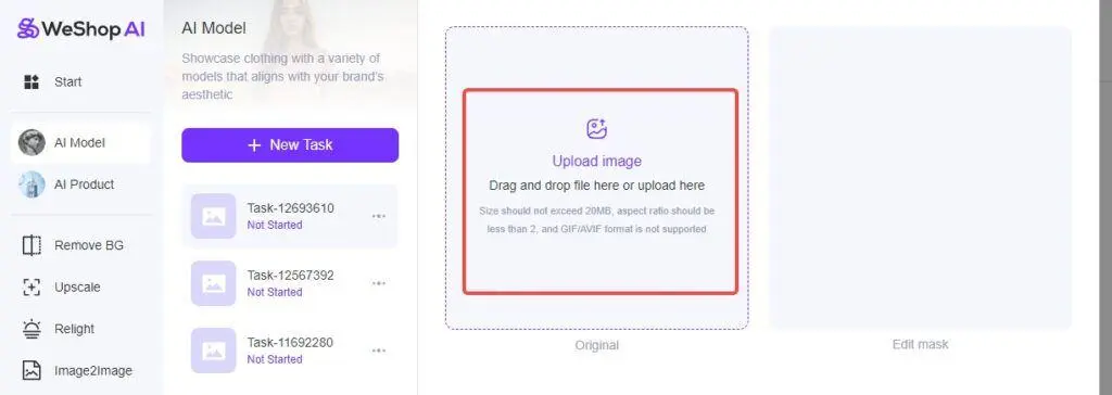 Upload an original image to AI Model