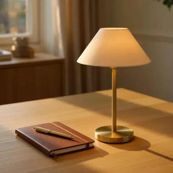 Reference lamp on a light oak desk beside a closed notebook in warm evening light