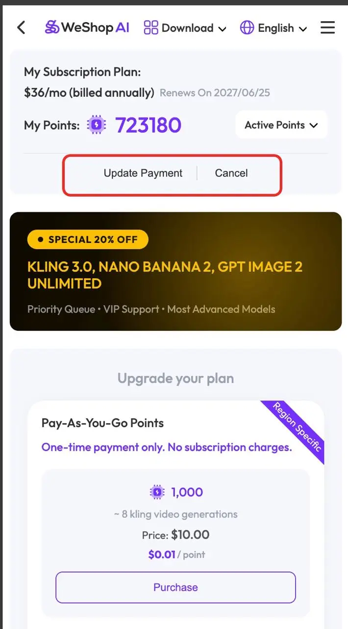 Tap Cancel on the Subscription Management page