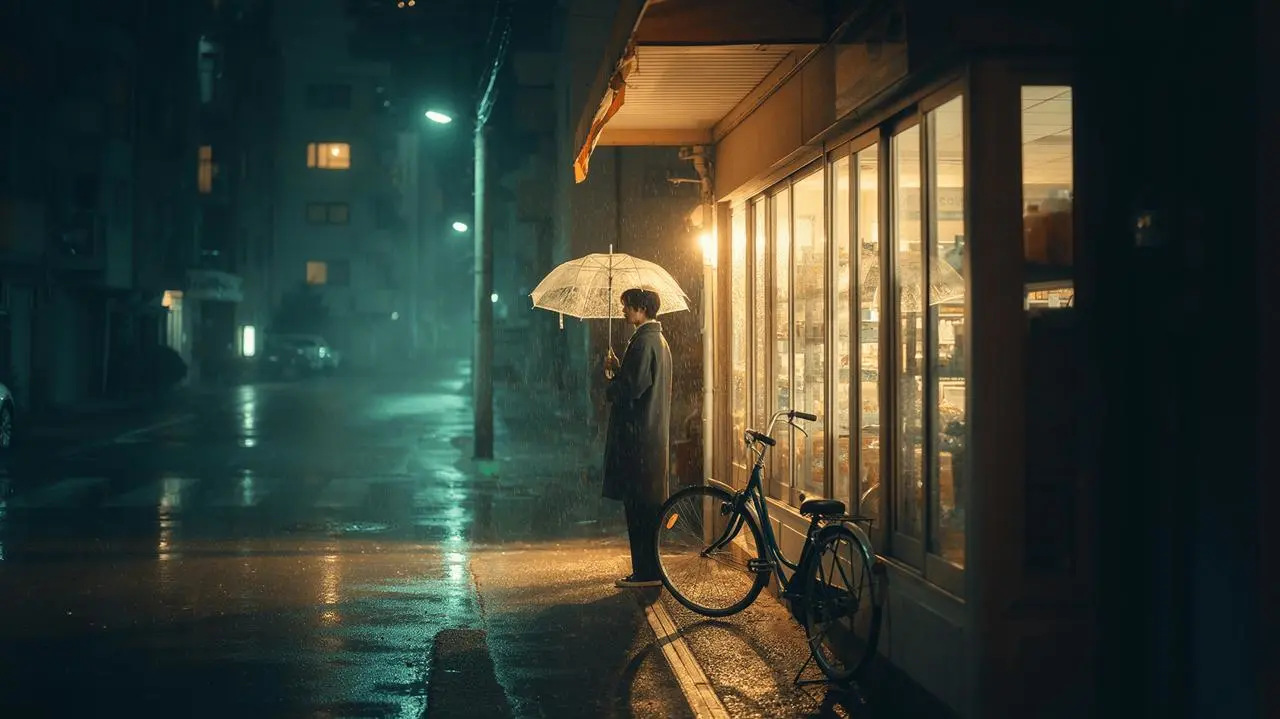 A rainy night street balances a warmly lit convenience store with an umbrella and bicycle outside.
