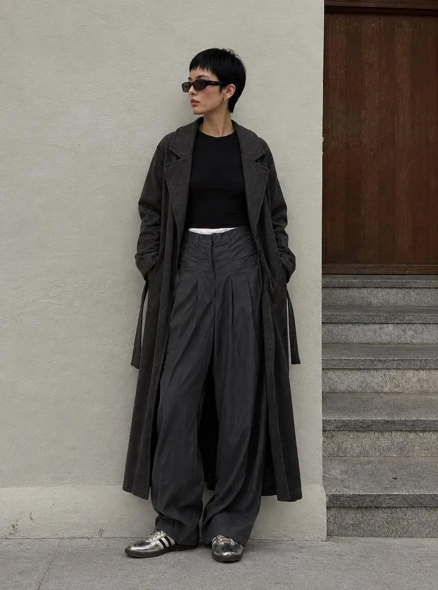 WeShop result: A Woman Dressed In A Stylish Dark Outfit Stands Confidently…