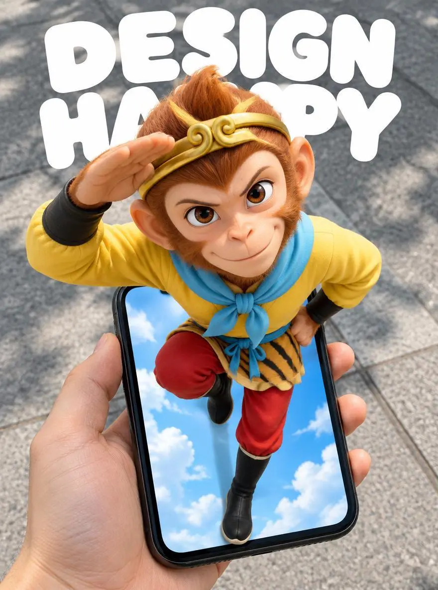 WeShop result: A Hand Holds A Smartphone Displaying A Colorful Animated Monkey…