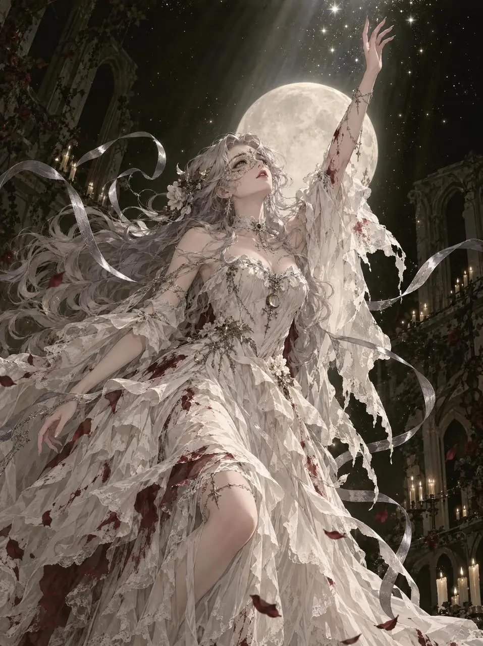 WeShop result: A Woman Adorned In An Intricate Flowing Gown Reaches Toward…