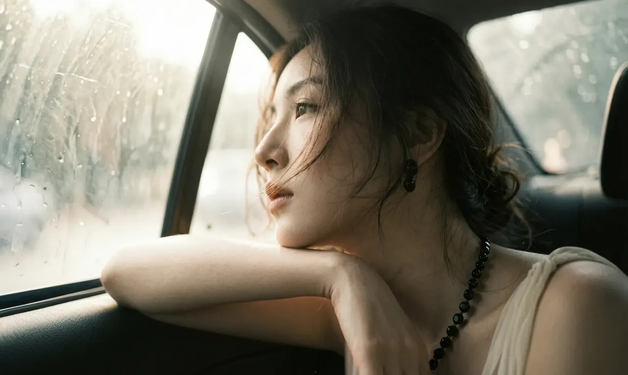 Last frame: woman beside a rainy car window