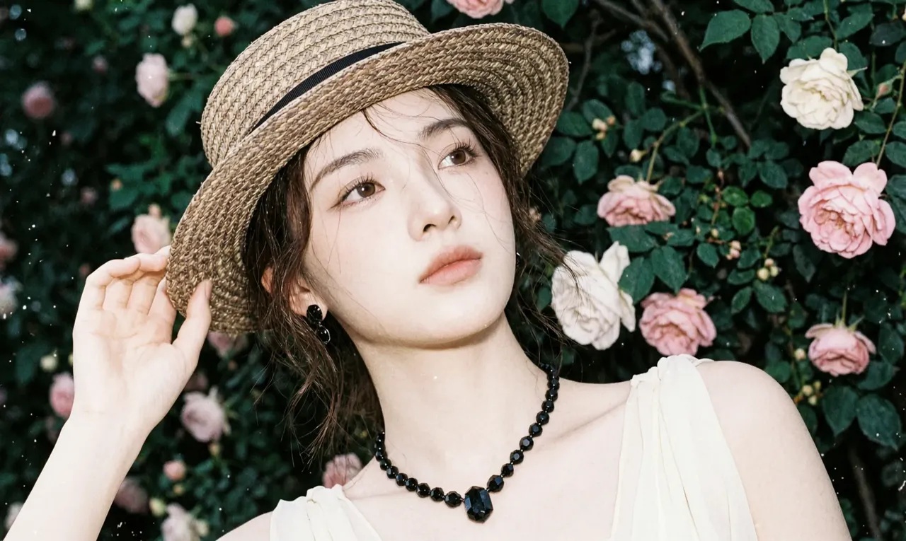 First frame: woman in a rose garden