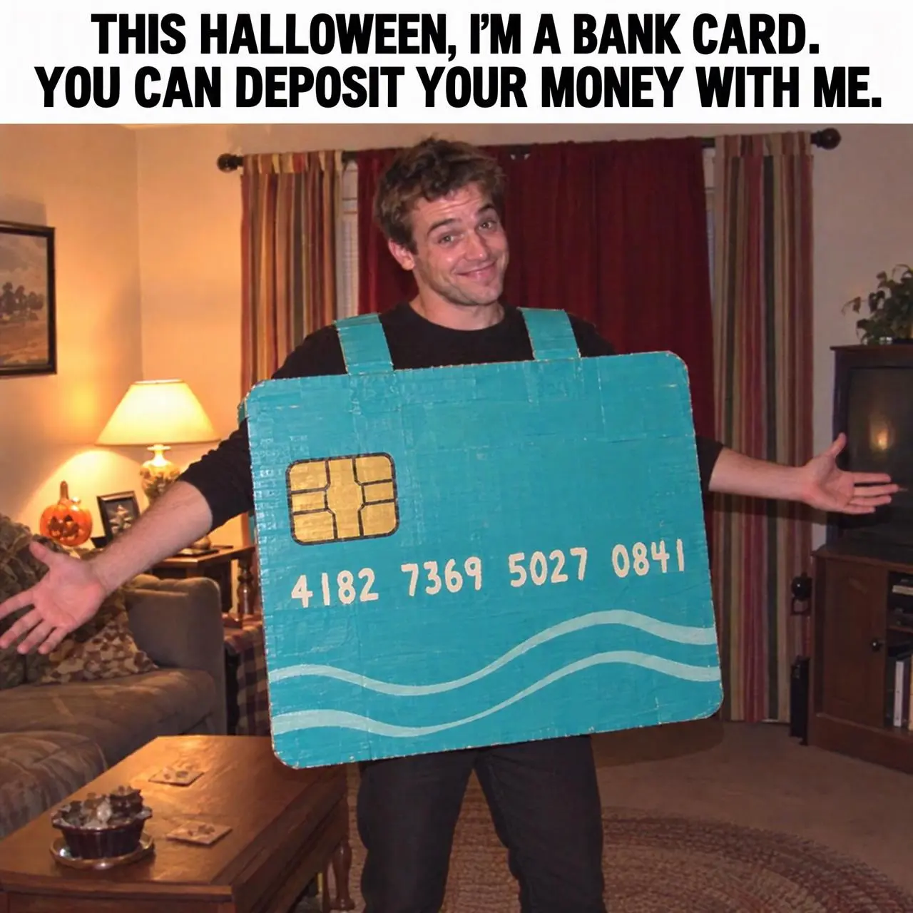 WeShop result: A Man Wearing A Humorous Bank Card Costume Poses In…