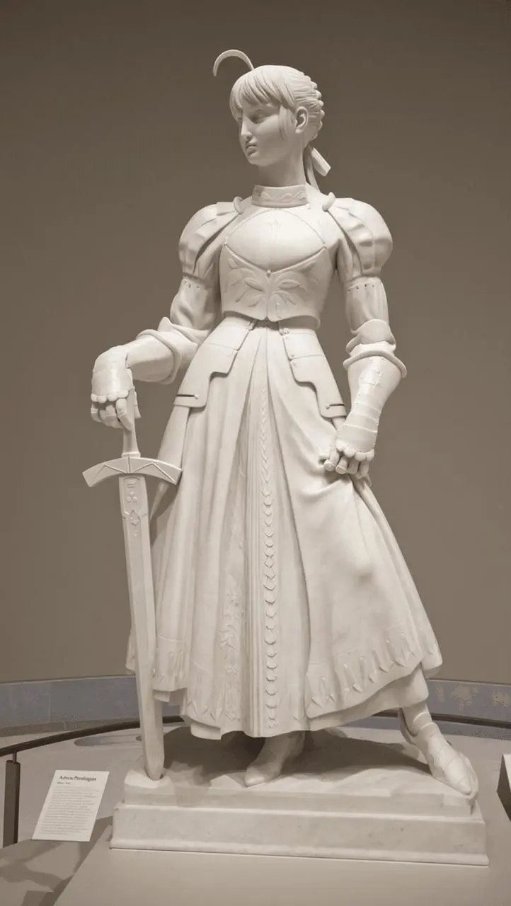 A full-length marble character sculpture stands on a museum pedestal with a sword.