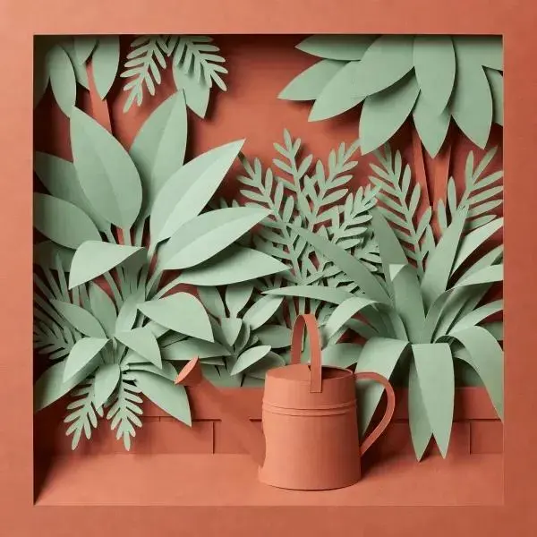Paper-cut illustration of a small city garden in terracotta and sage with layered foliage and one watering can