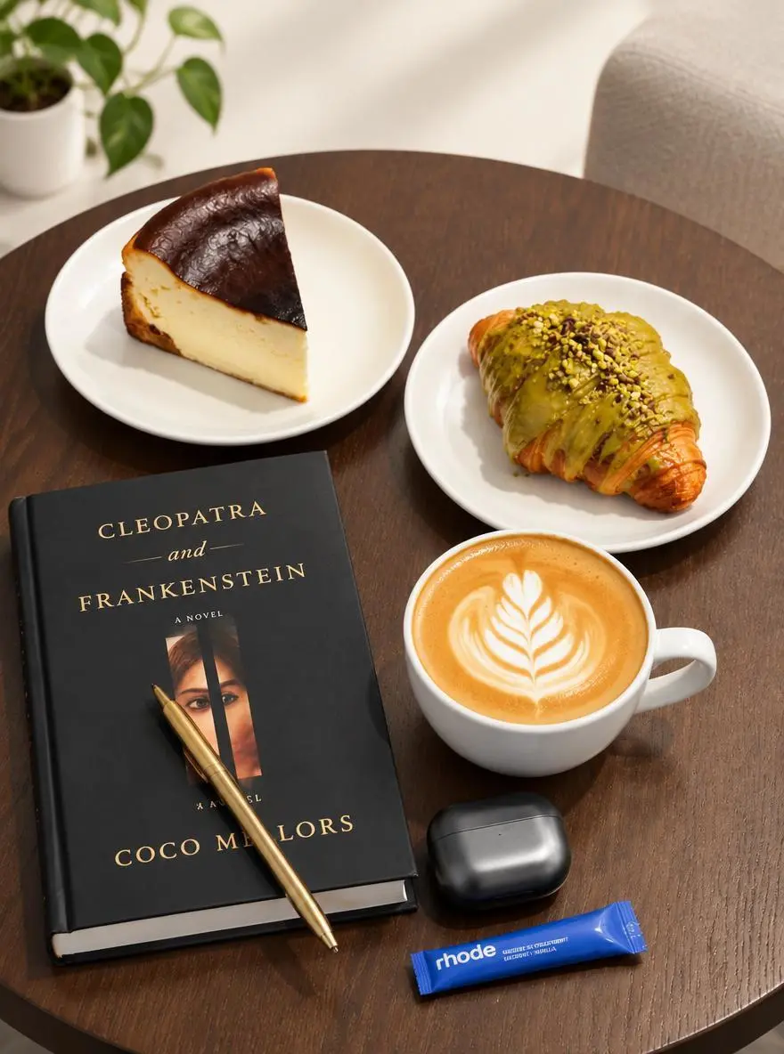 WeShop result: A Cozy Tabletop Setting Featuring A Book Coffee Pastries And…