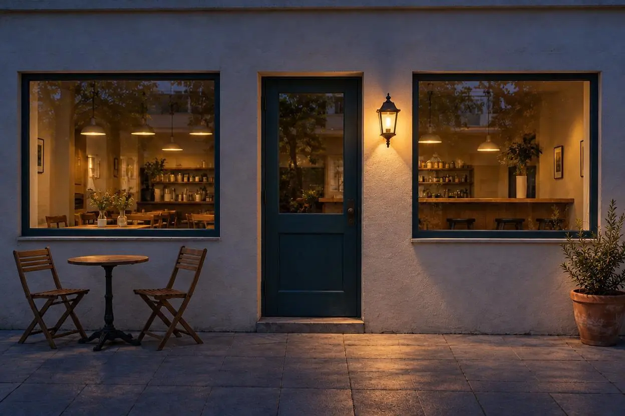 WeShop result: A Cozy Café Setting With Warm Interior Lighting Featuring An…