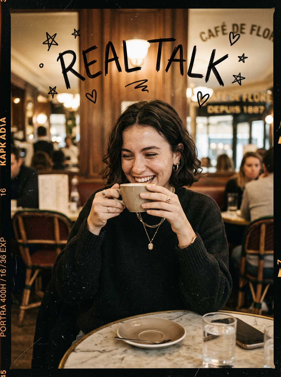 Fashion influencer in Parisian café captured with cinematic detail by nano banana 2 by WeShop AI